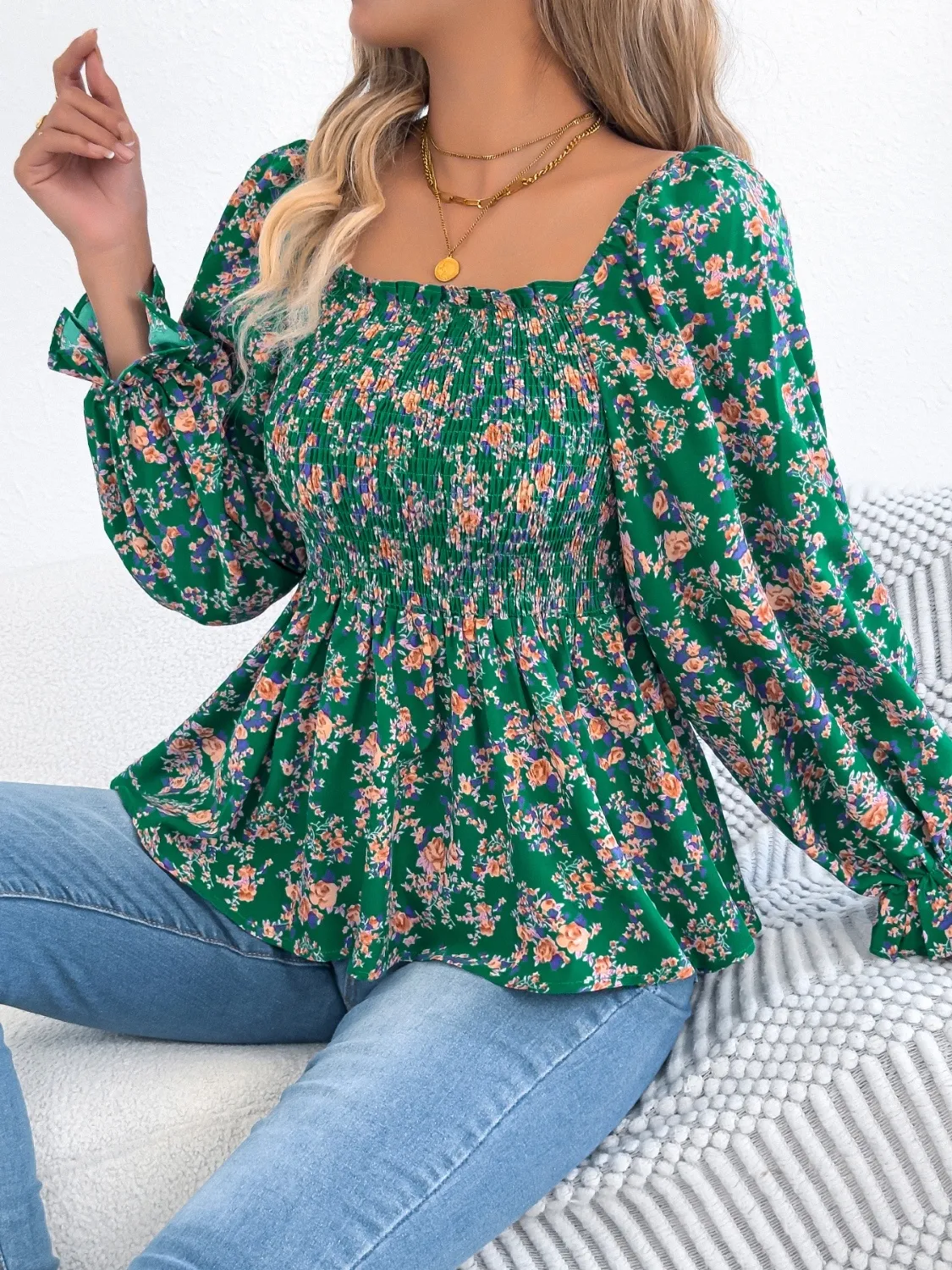Floral Square Neck Flounce Sleeve Blouse - Image 9