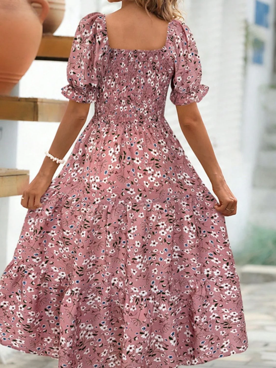 Floral Square Neck Short Sleeve Tiered Dress - Image 6