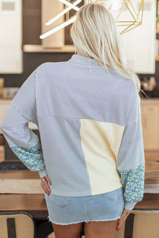 Floral Stripe Collared V-Neck Drop Sleeve Sweatshi - Image 7