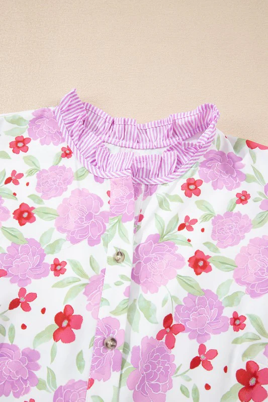 Floral Stripe Trim Frilled Neck 3/4 Sleeve Dress - Image 3