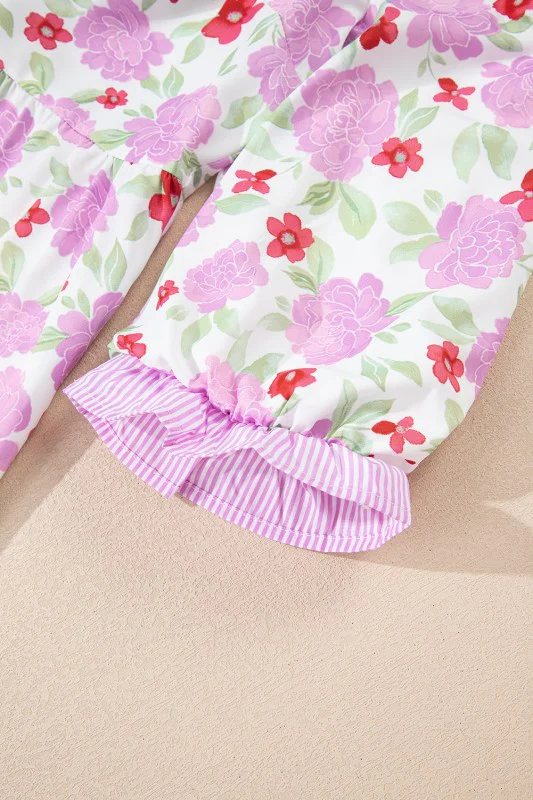 Floral Stripe Trim Frilled Neck 3/4 Sleeve Dress - Image 4