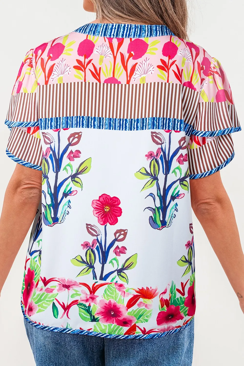 Floral Striped Patchwork Short Sleeve Split Neck Blouse - Image 2