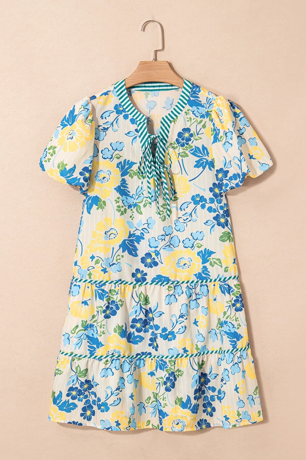 Floral Striped Trim Puff Short Sleeve Dress - Image 3