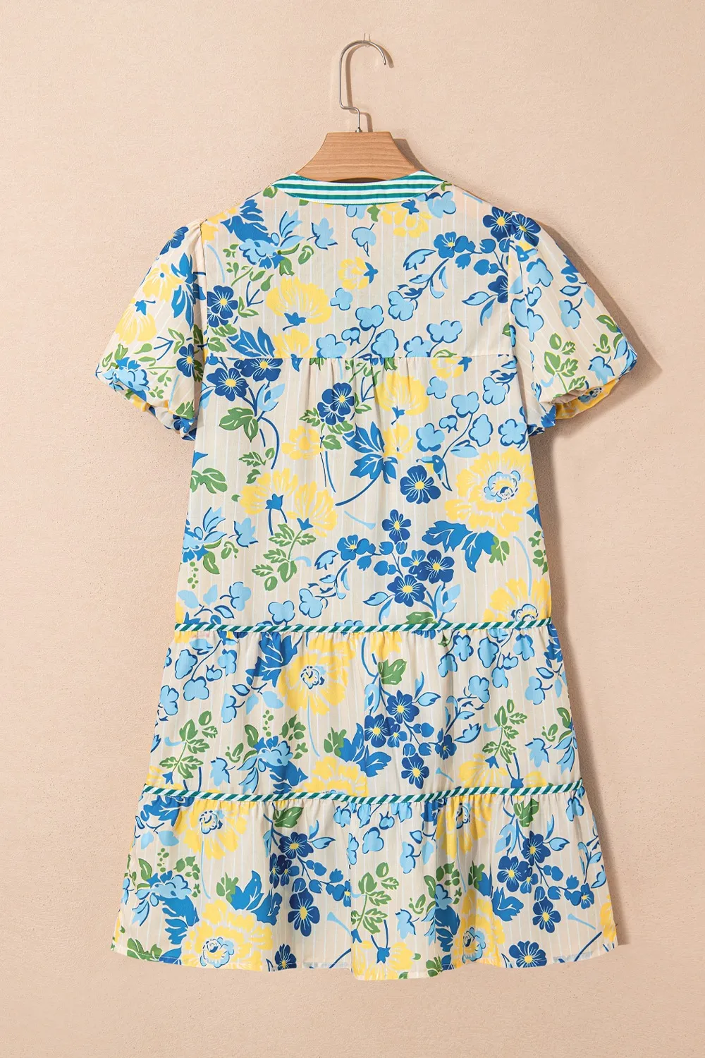 Floral Striped Trim Puff Short Sleeve Dress - Image 4