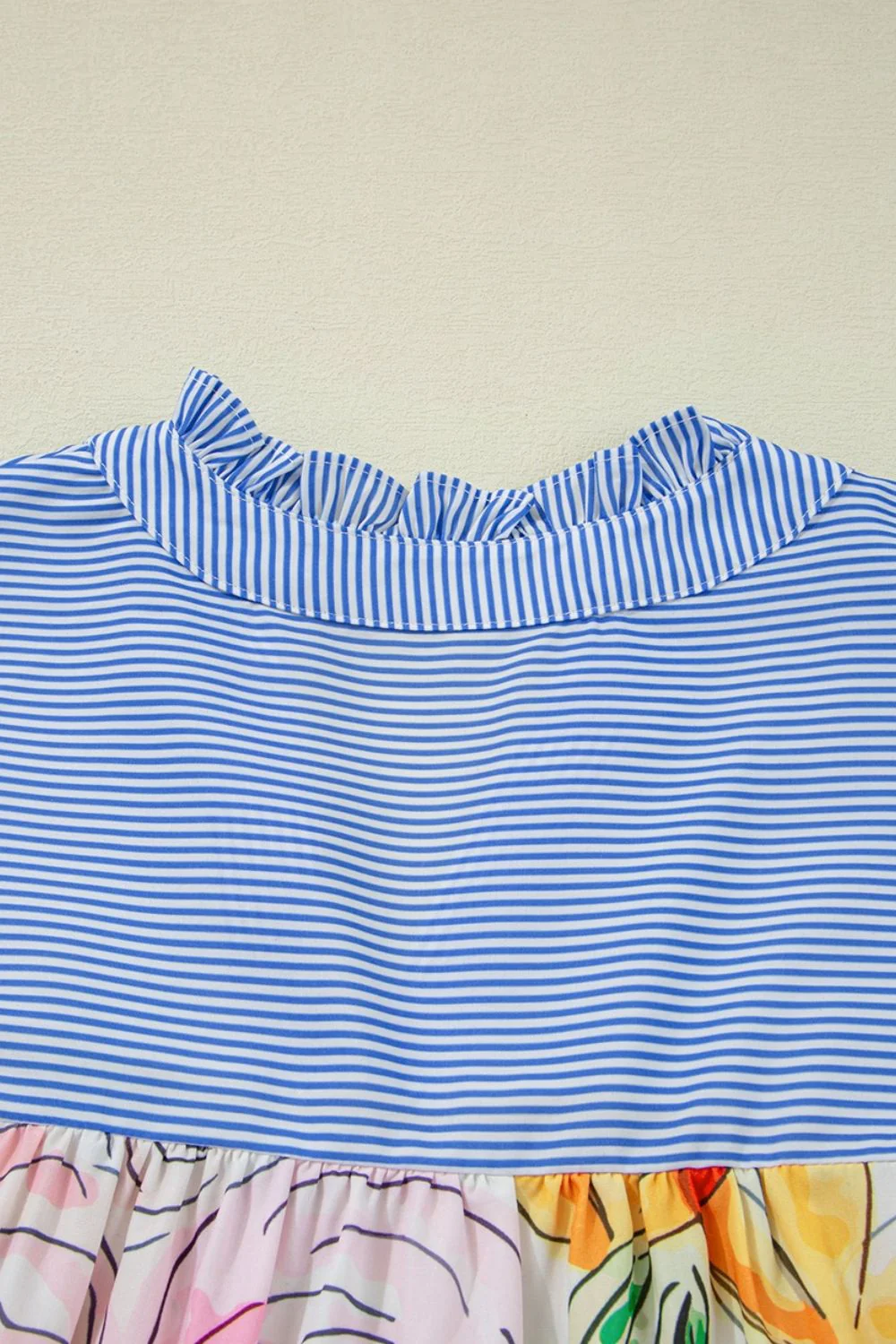 Floral Striped Yoke Frilled Tie Neck Puff Short Sleeve Blouse - Image 7