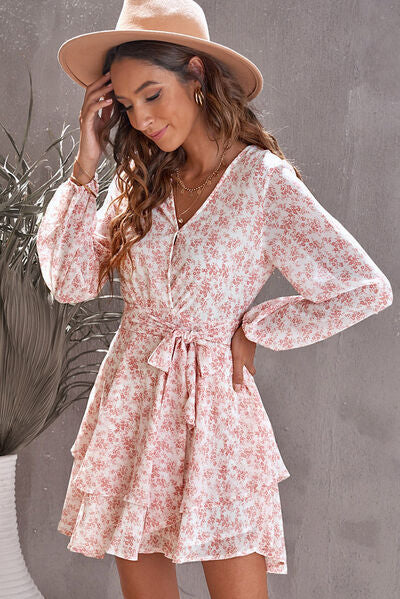 Floral Surplice Balloon Sleeve Layered Dress - Image 3