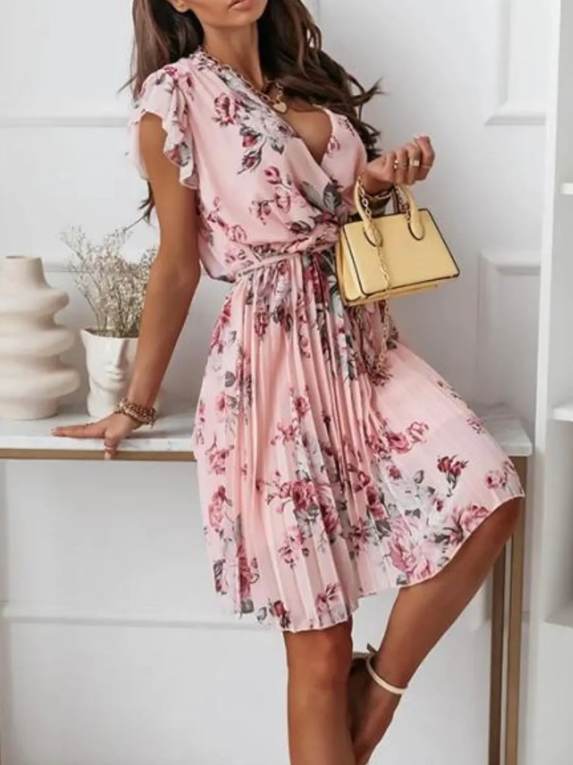 Floral Surplice Ruffled Cap Sleeve Dress - Image 7