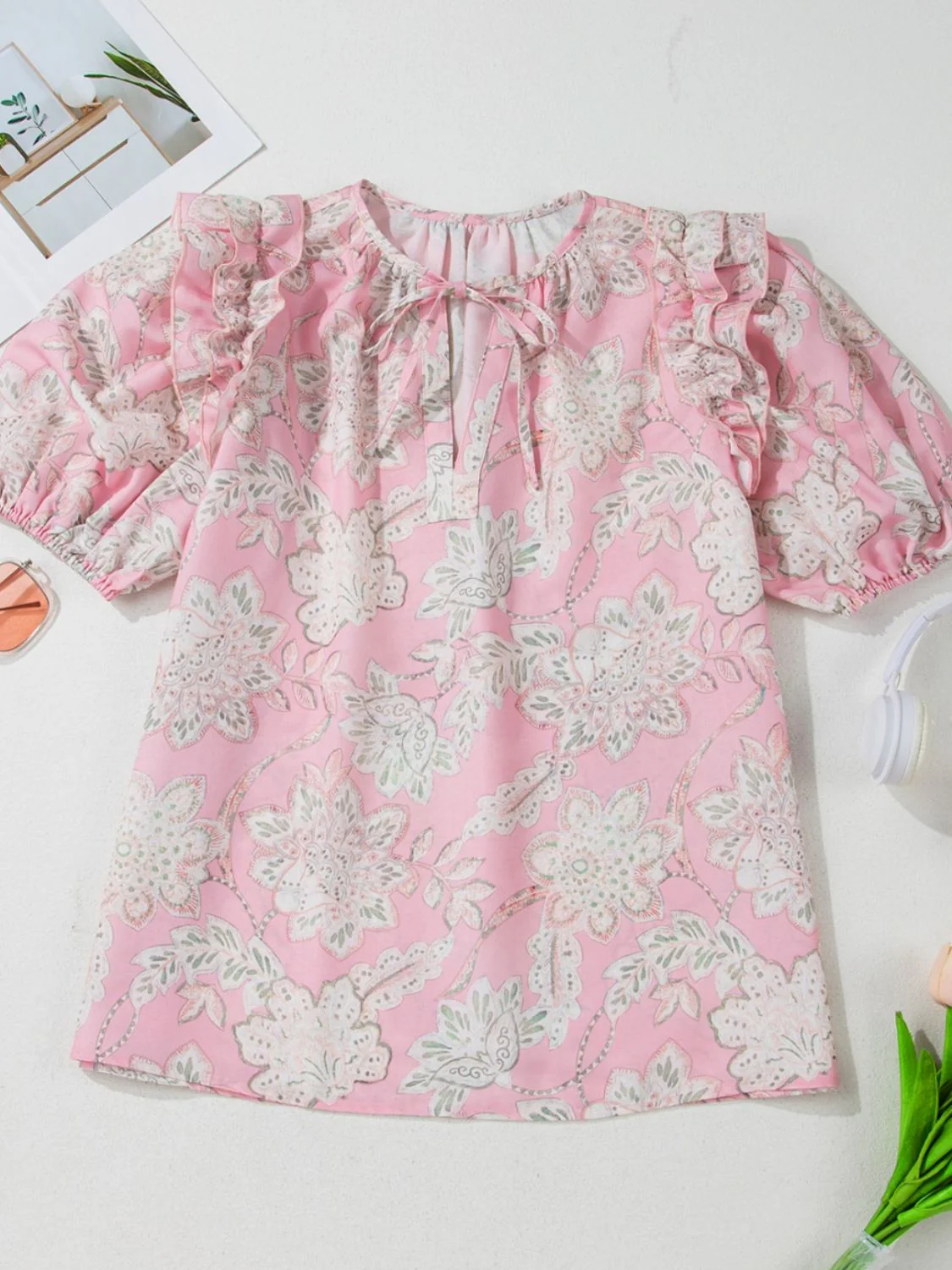 Floral Tie Neck Puff Sleeve Blouse - Image 5