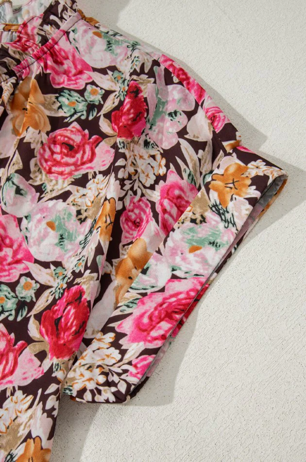 Floral Tie Neck Short Sleeve Blouse - Image 10