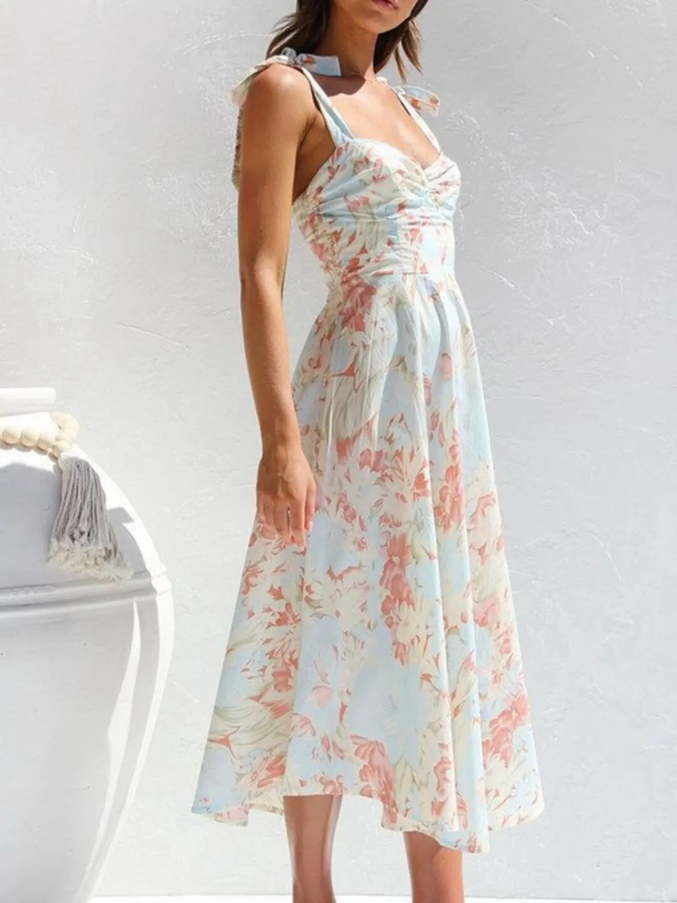 Floral Tie-Strap Sweetheart Neck Midi Dress - Image 8