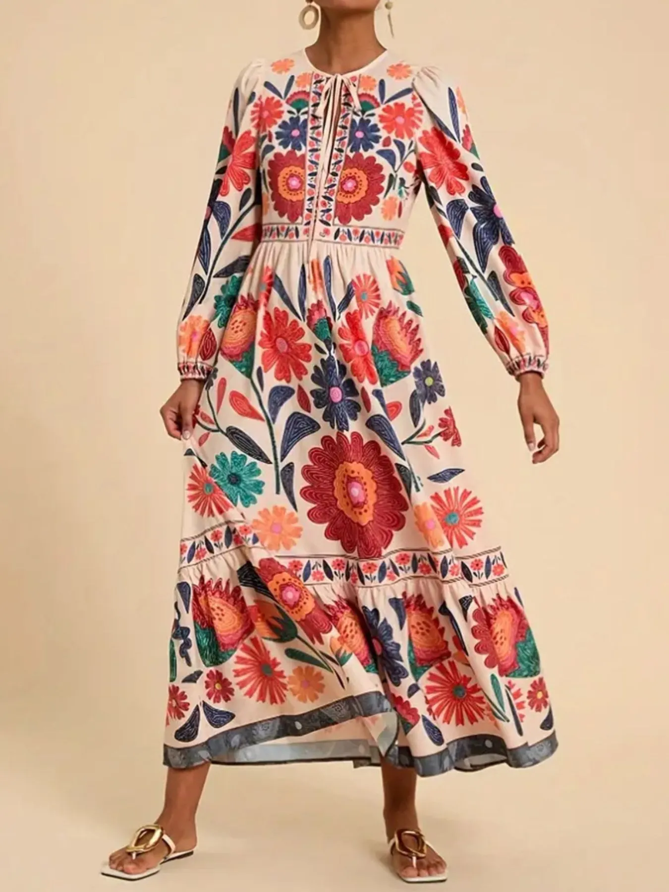 Floral Tie Waist Long Sleeve Dress - Image 3