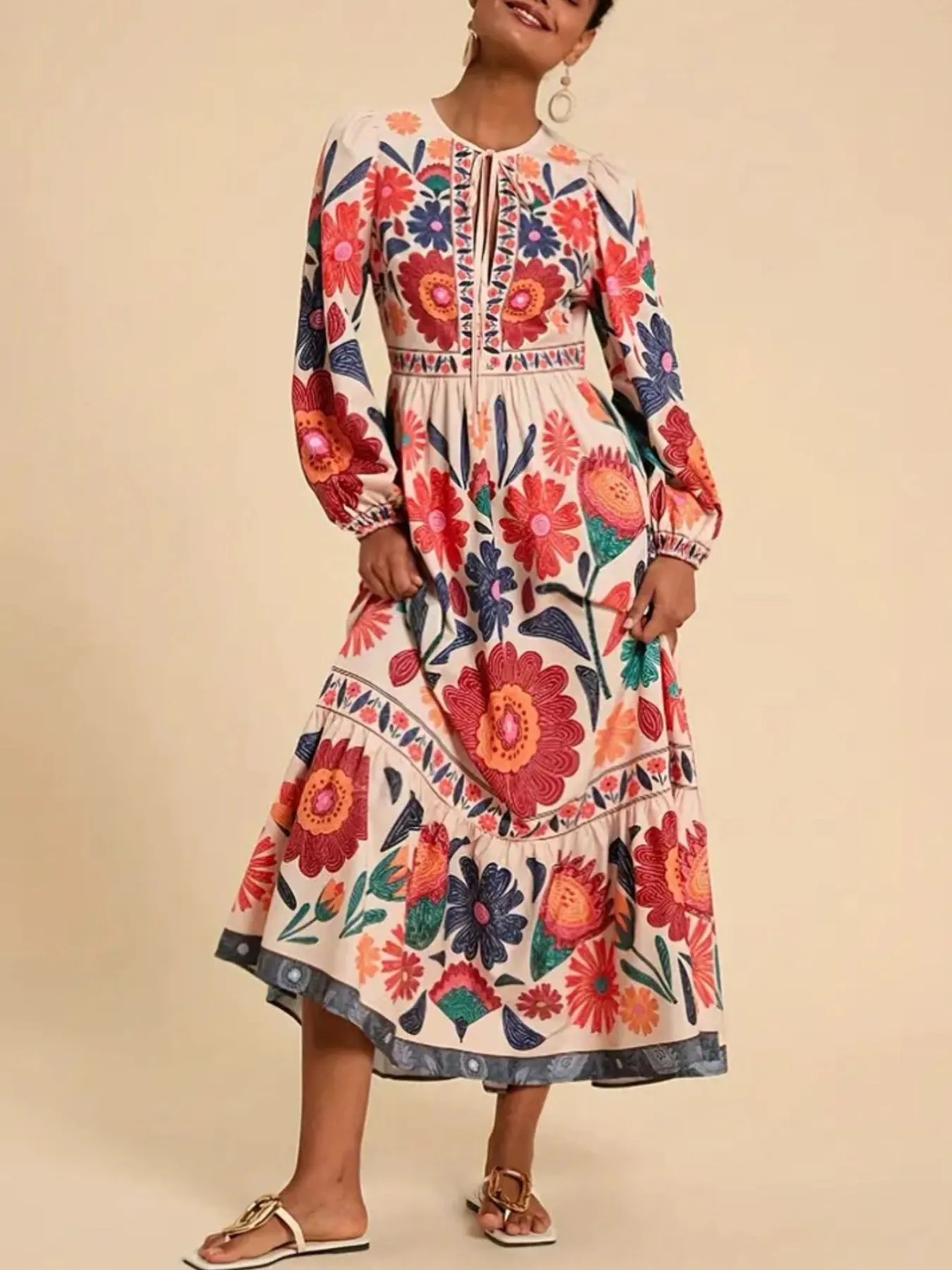 Floral Tie Waist Long Sleeve Dress - Image 4