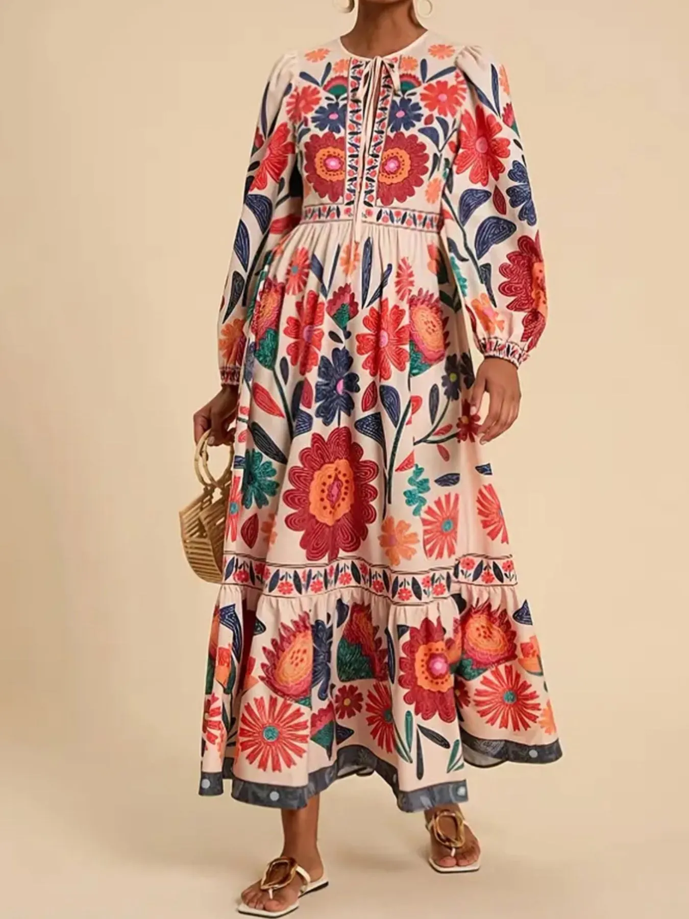 Floral Tie Waist Long Sleeve Dress - Image 5