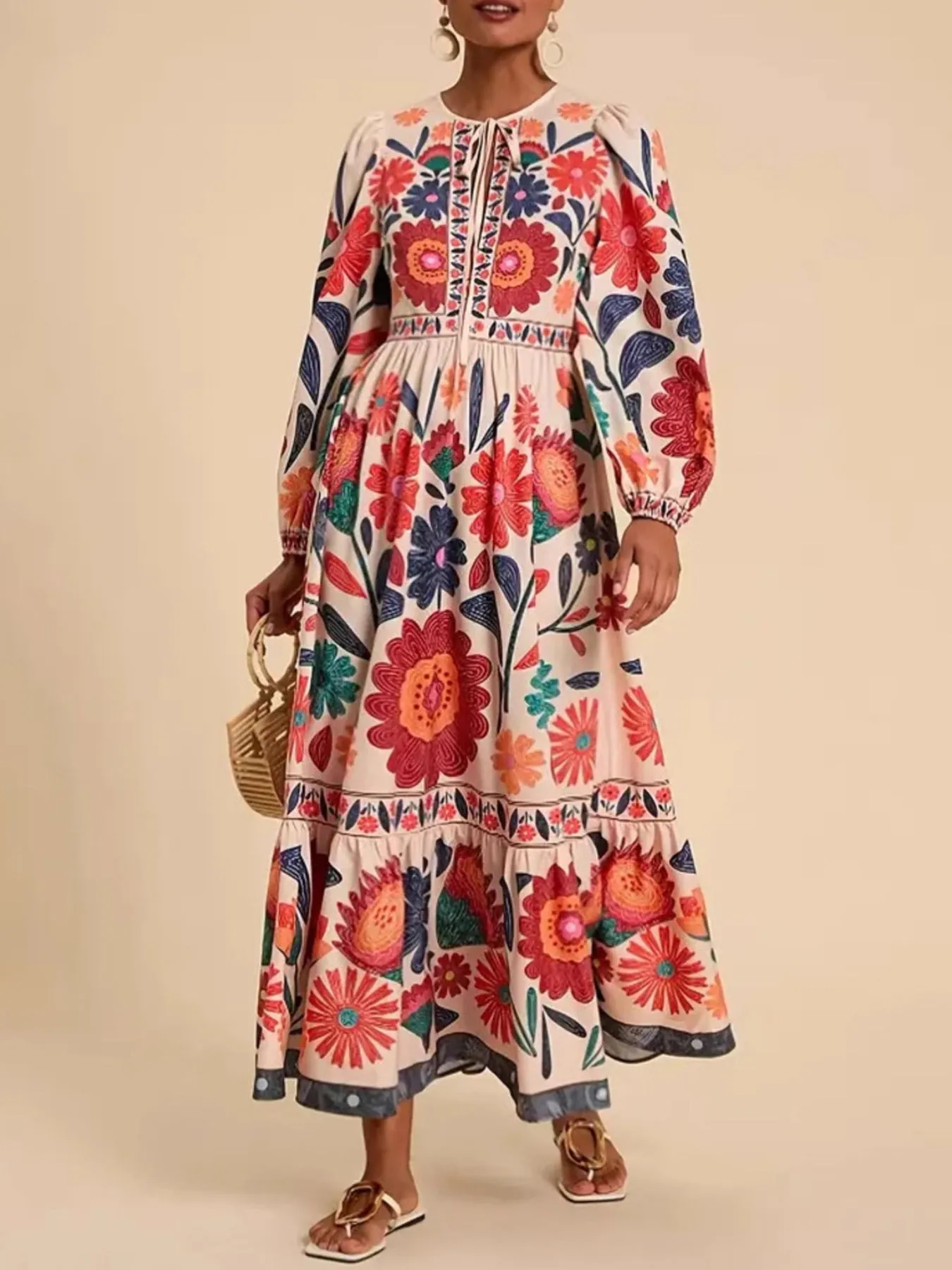 Floral Tie Waist Long Sleeve Dress - Image 7