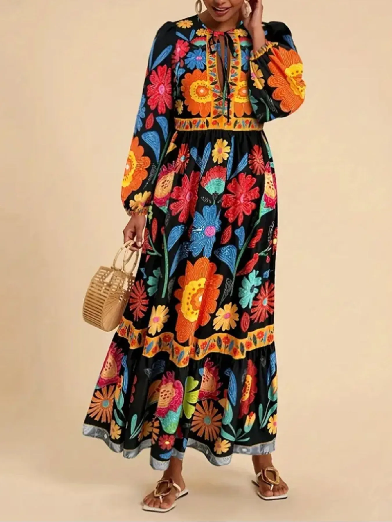 Floral Tie Waist Long Sleeve Dress - Image 9