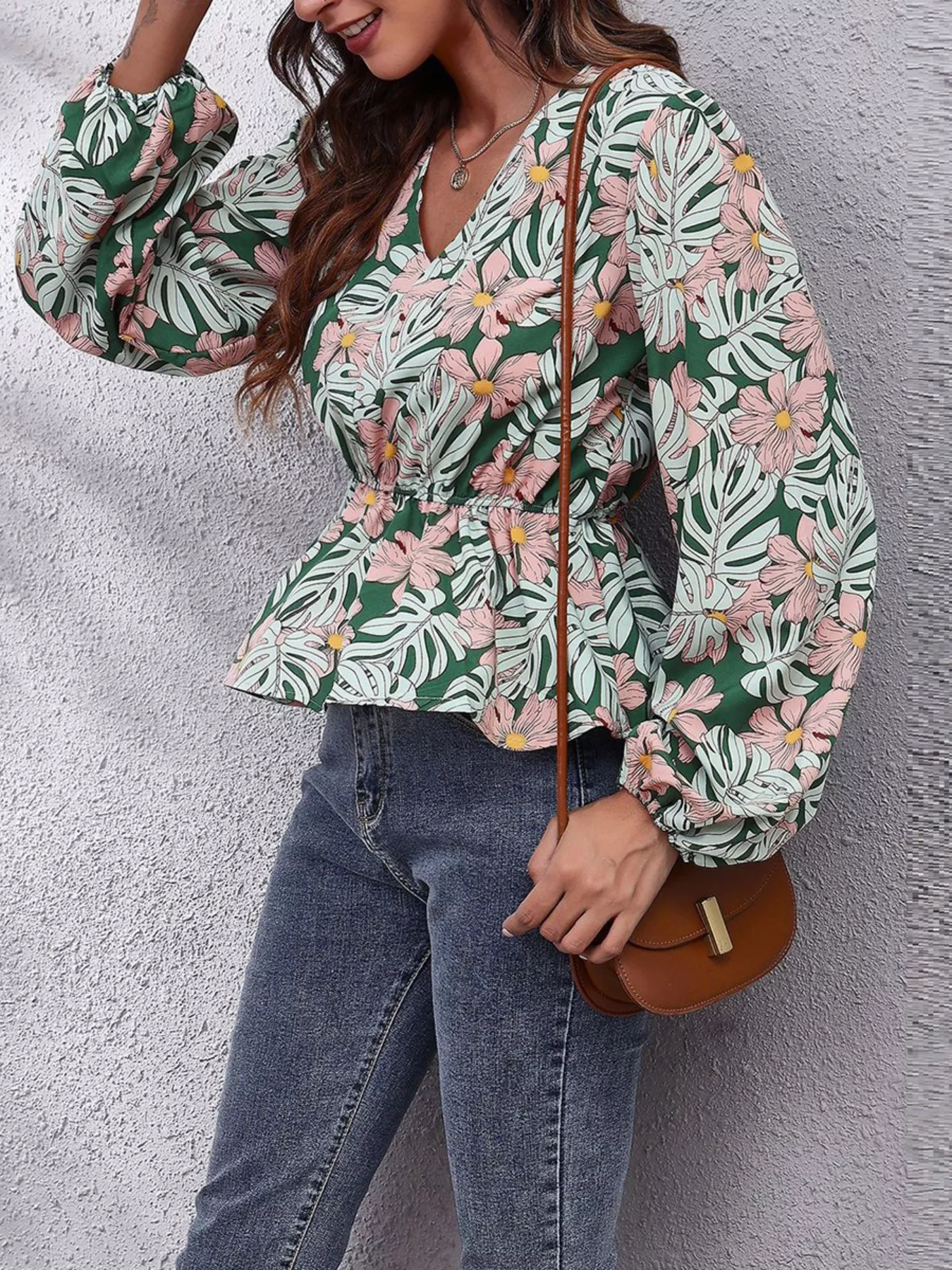 Floral V-Neck Balloon Sleeve Blouse - Image 10