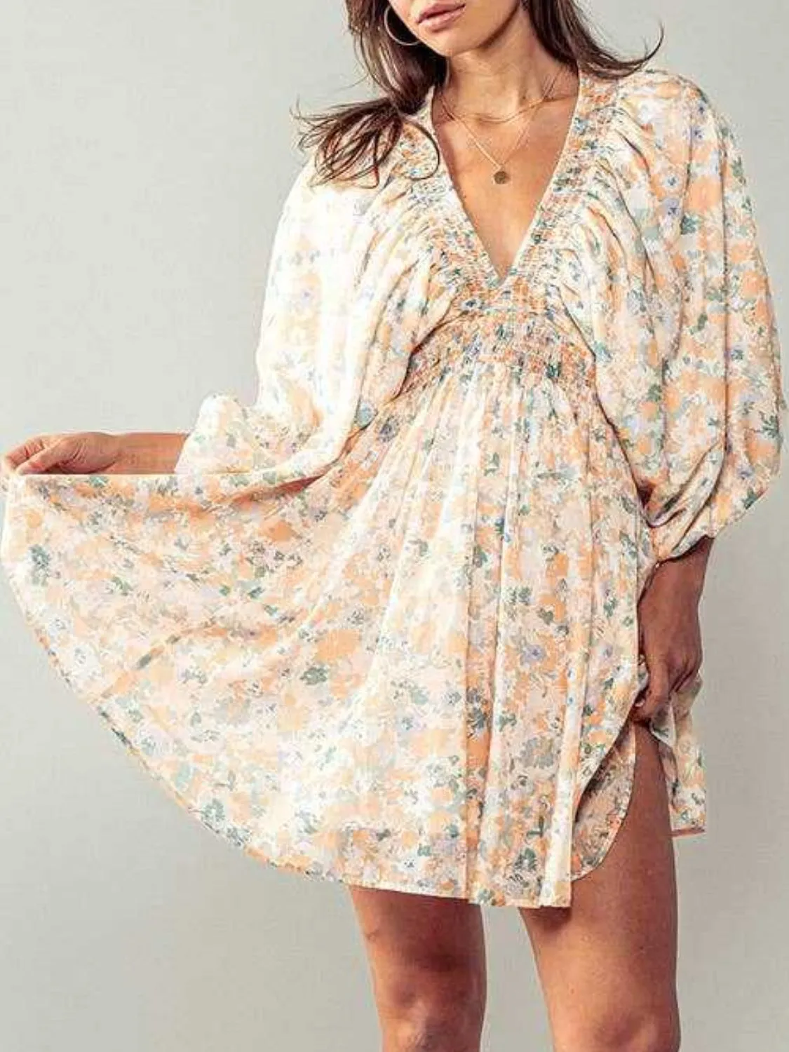 Floral V-Neck Balloon Sleeve Dress - Image 2