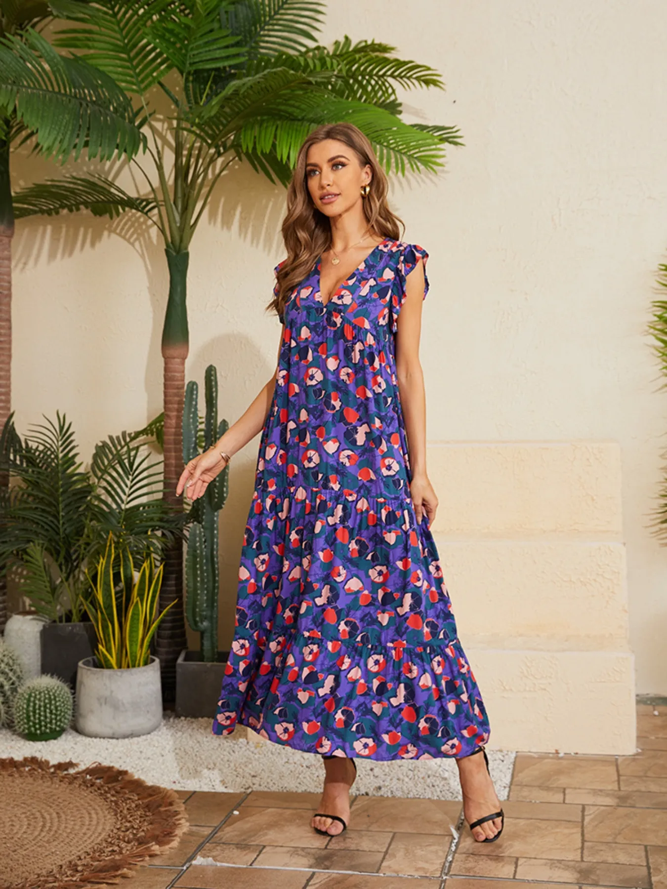 Floral V-Neck Cap Sleeve Summer Dress - Image 10
