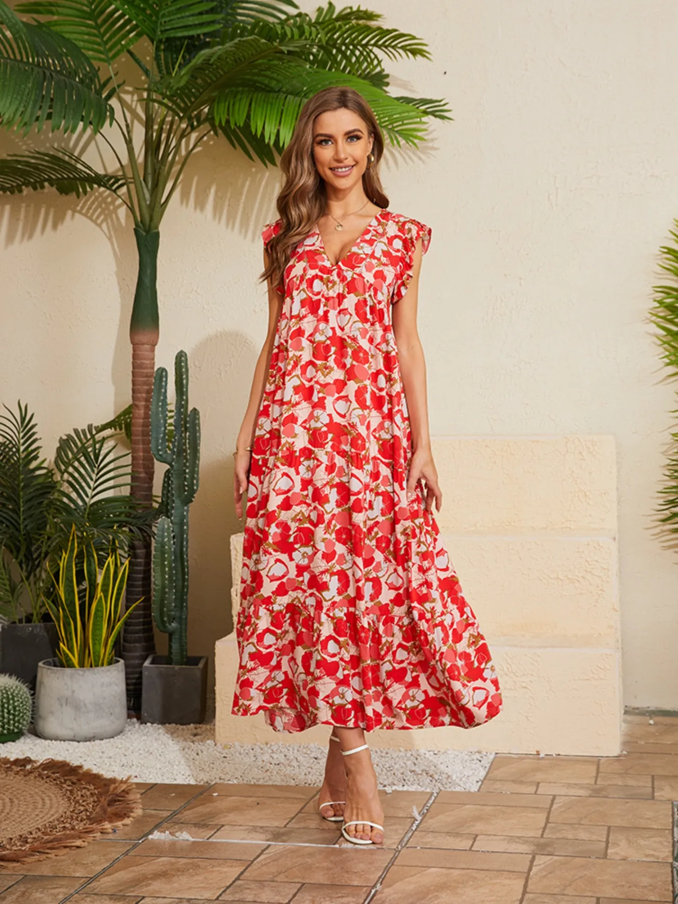 Floral V-Neck Cap Sleeve Summer Dress - Image 5