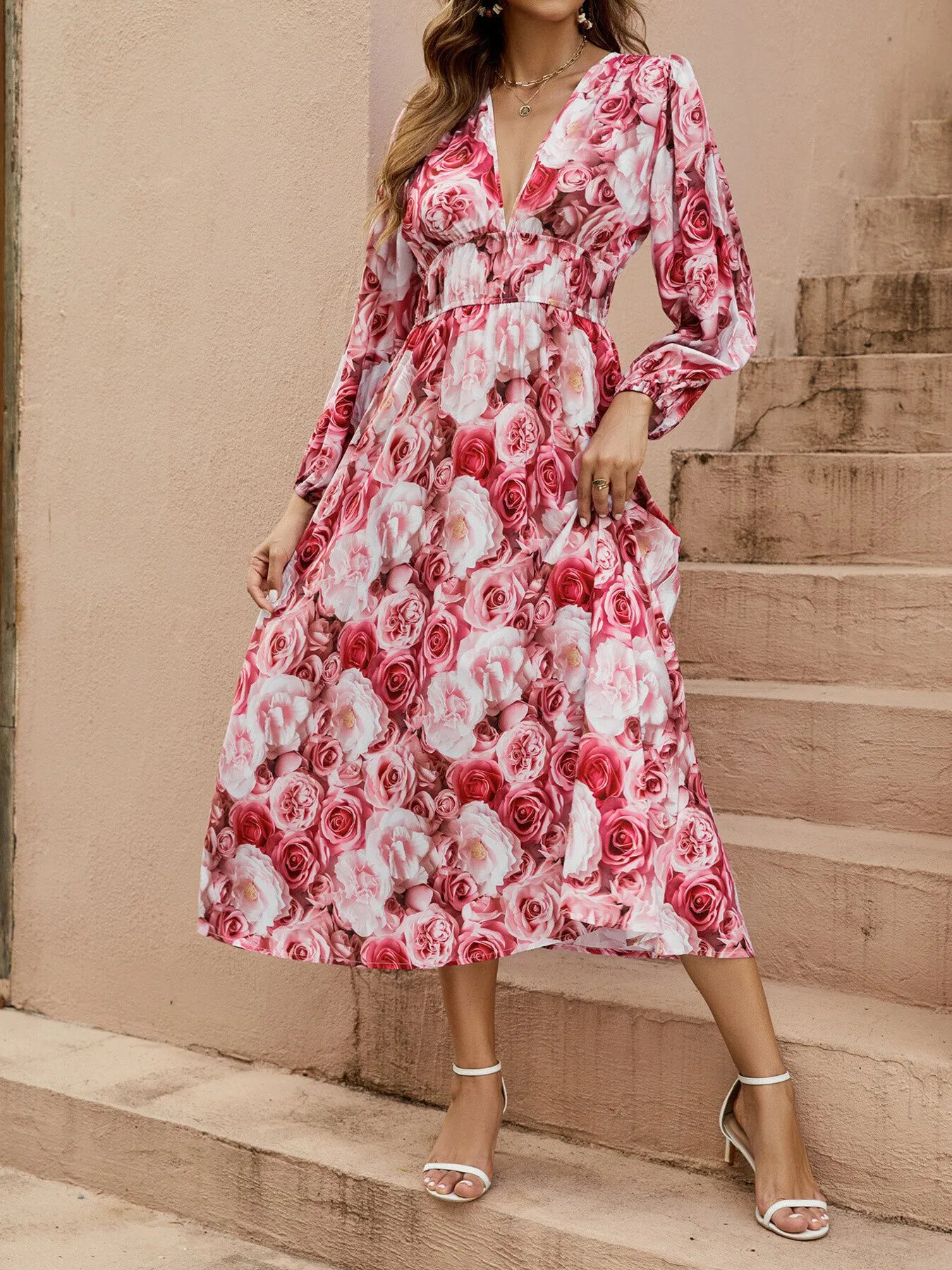 Floral V-Neck Long Sleeve Dress - Image 3