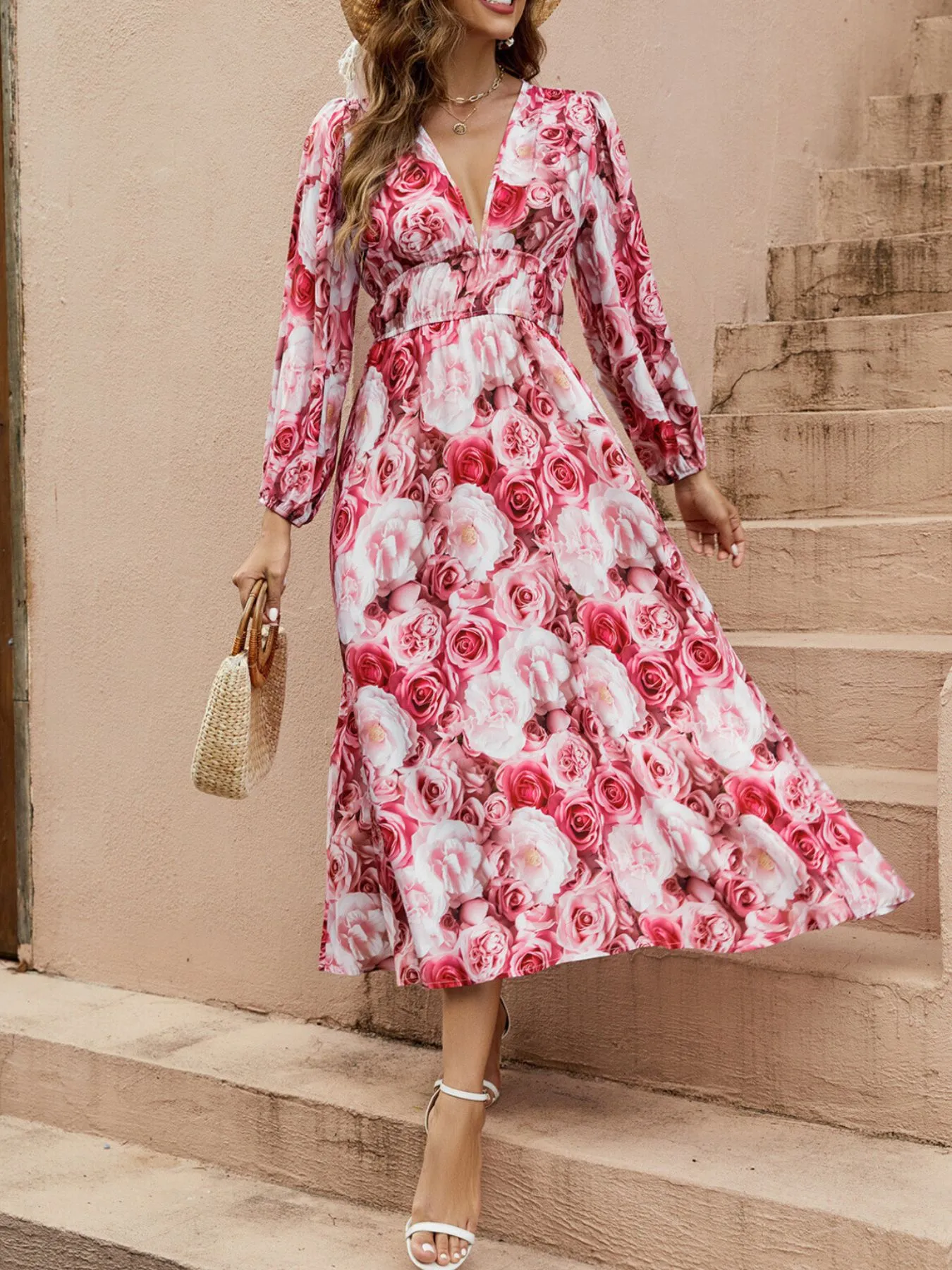 Floral V-Neck Long Sleeve Dress - Image 4