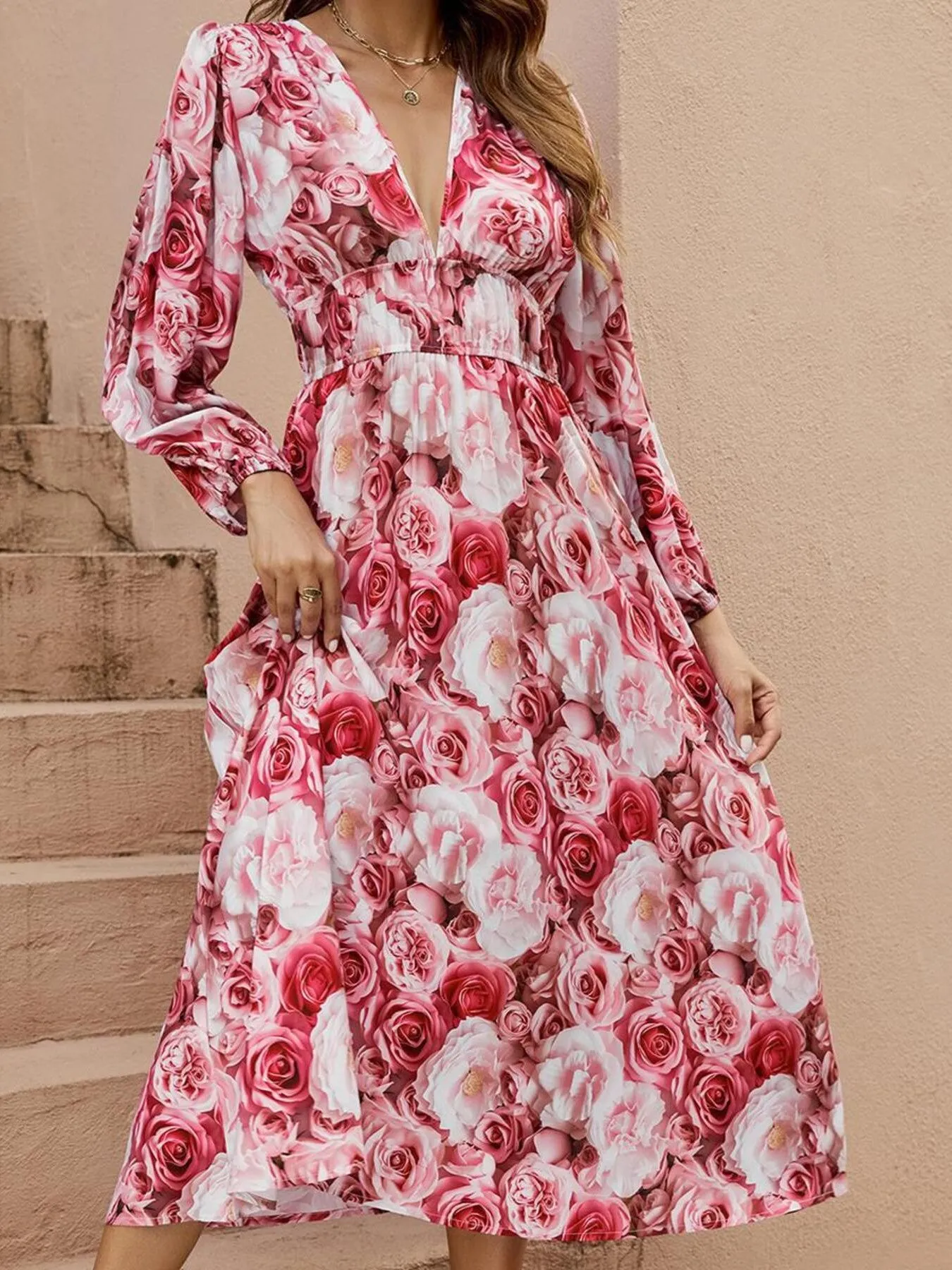 Floral V-Neck Long Sleeve Dress - Image 5