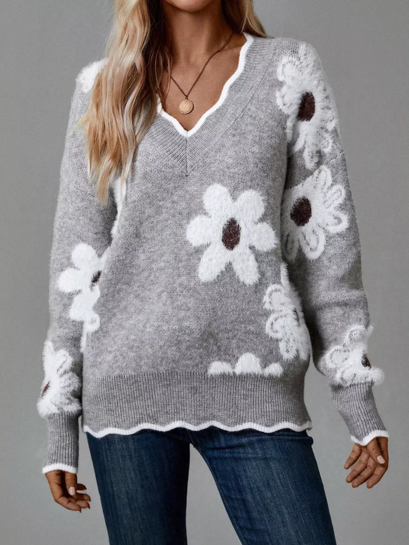 Floral V-Neck Long Sleeve Sweater - Image 4