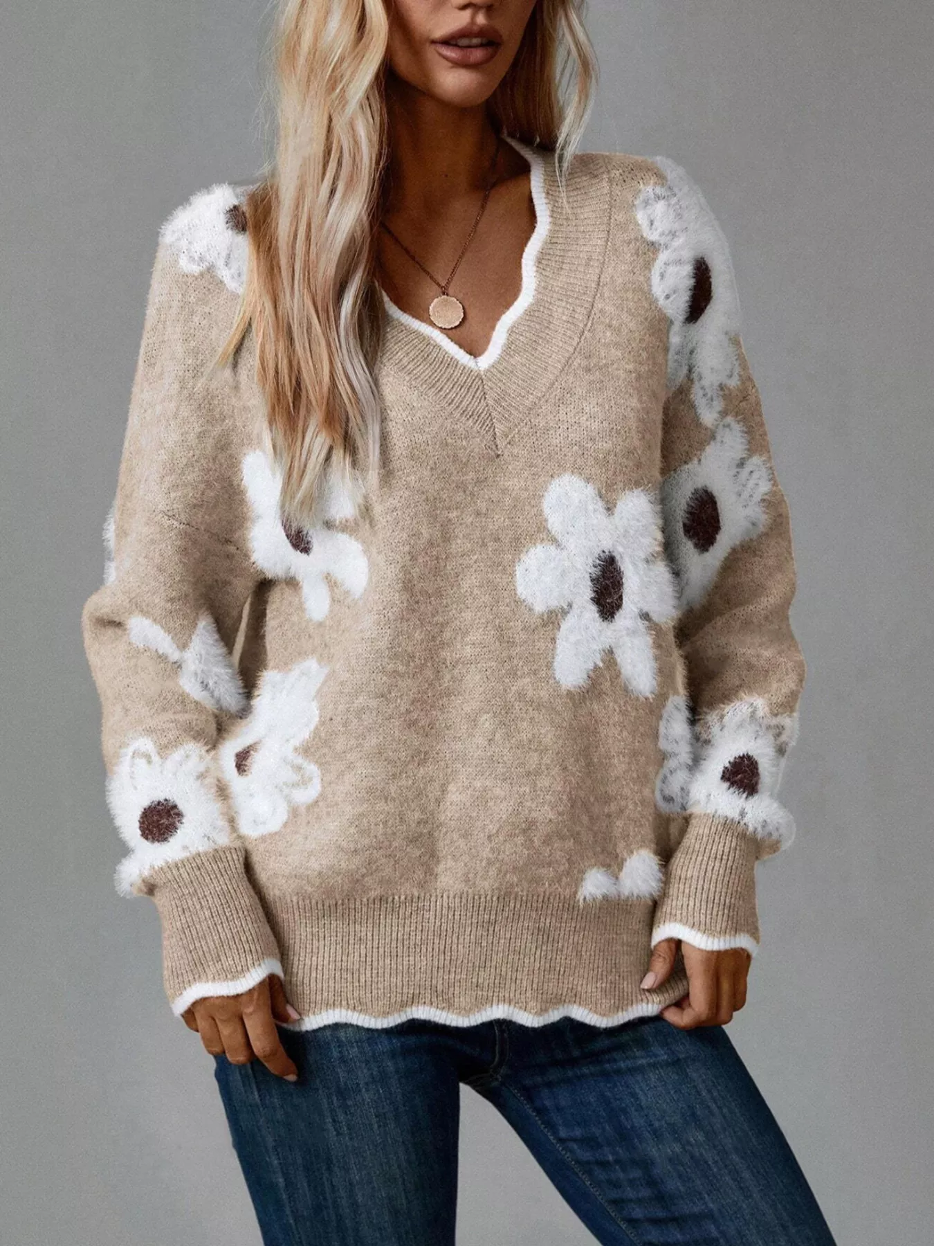 Floral V-Neck Long Sleeve Sweater - Image 6