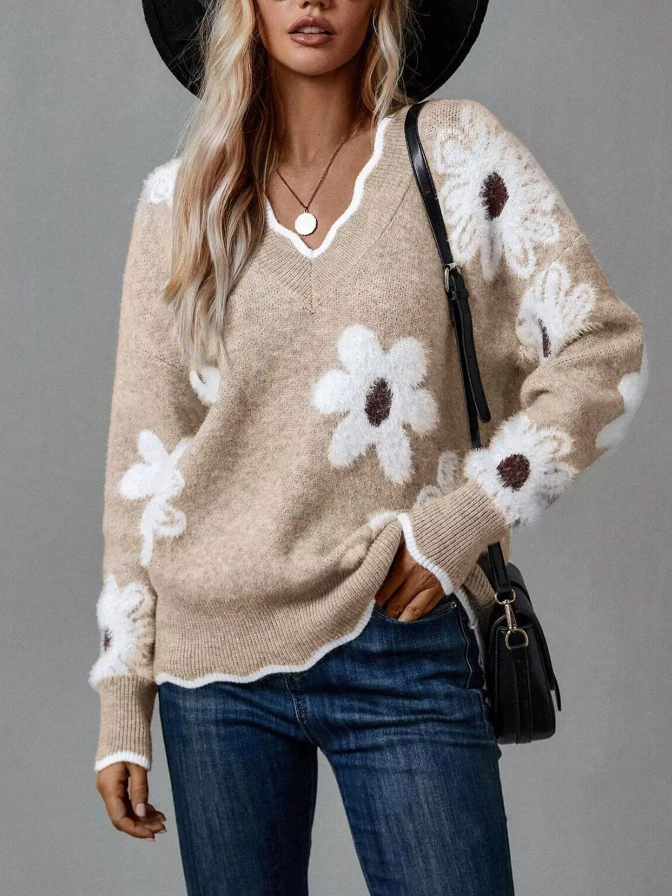 Floral V-Neck Long Sleeve Sweater - Image 9