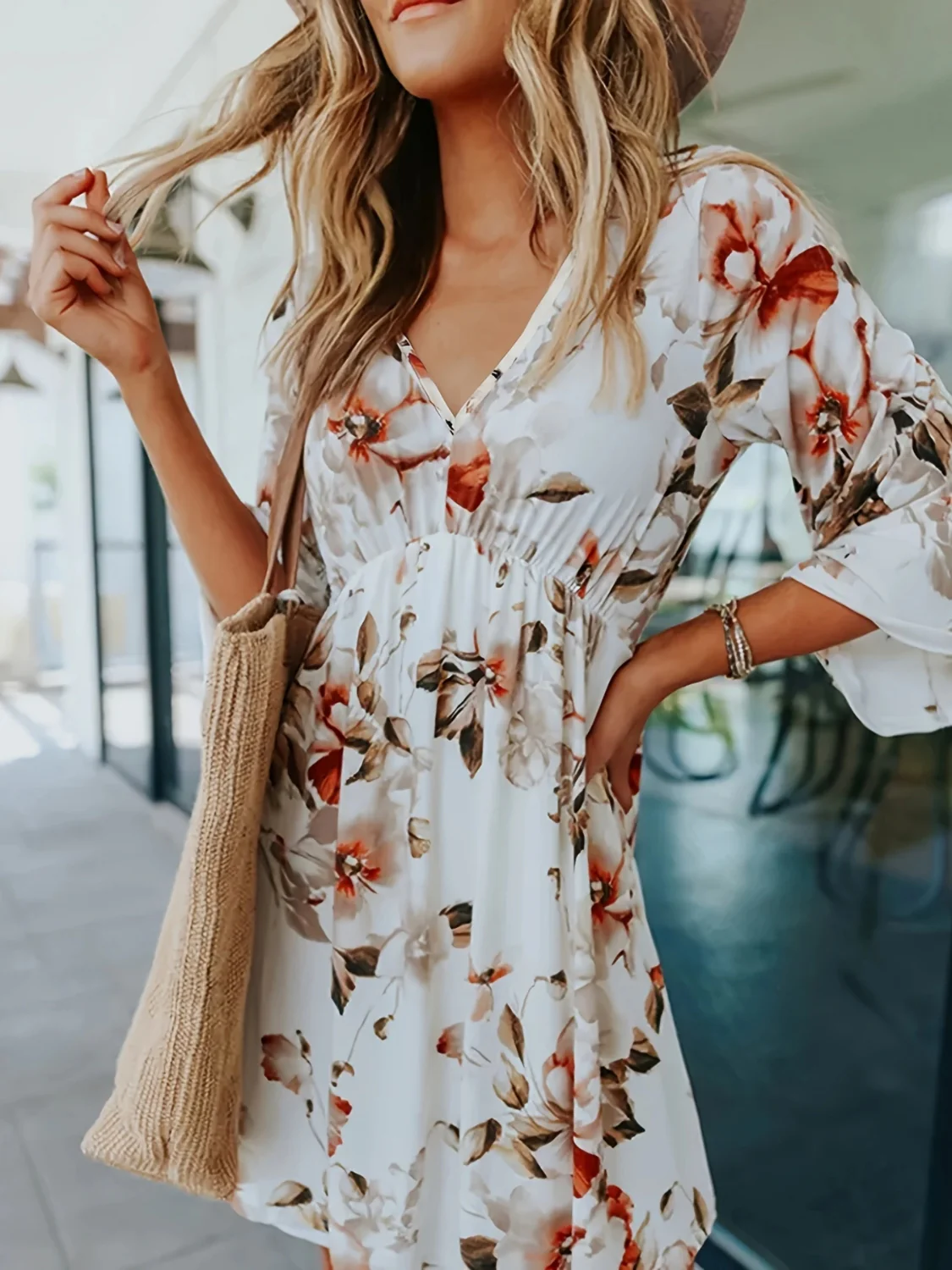 Floral V-Neck Three-Quarter Sleeve Mini Dress - Image 2