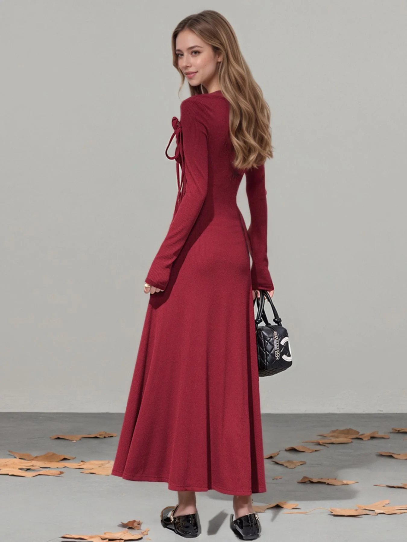 Flower Asymmetrical Neckline Long Sleeve Dress - Image 3