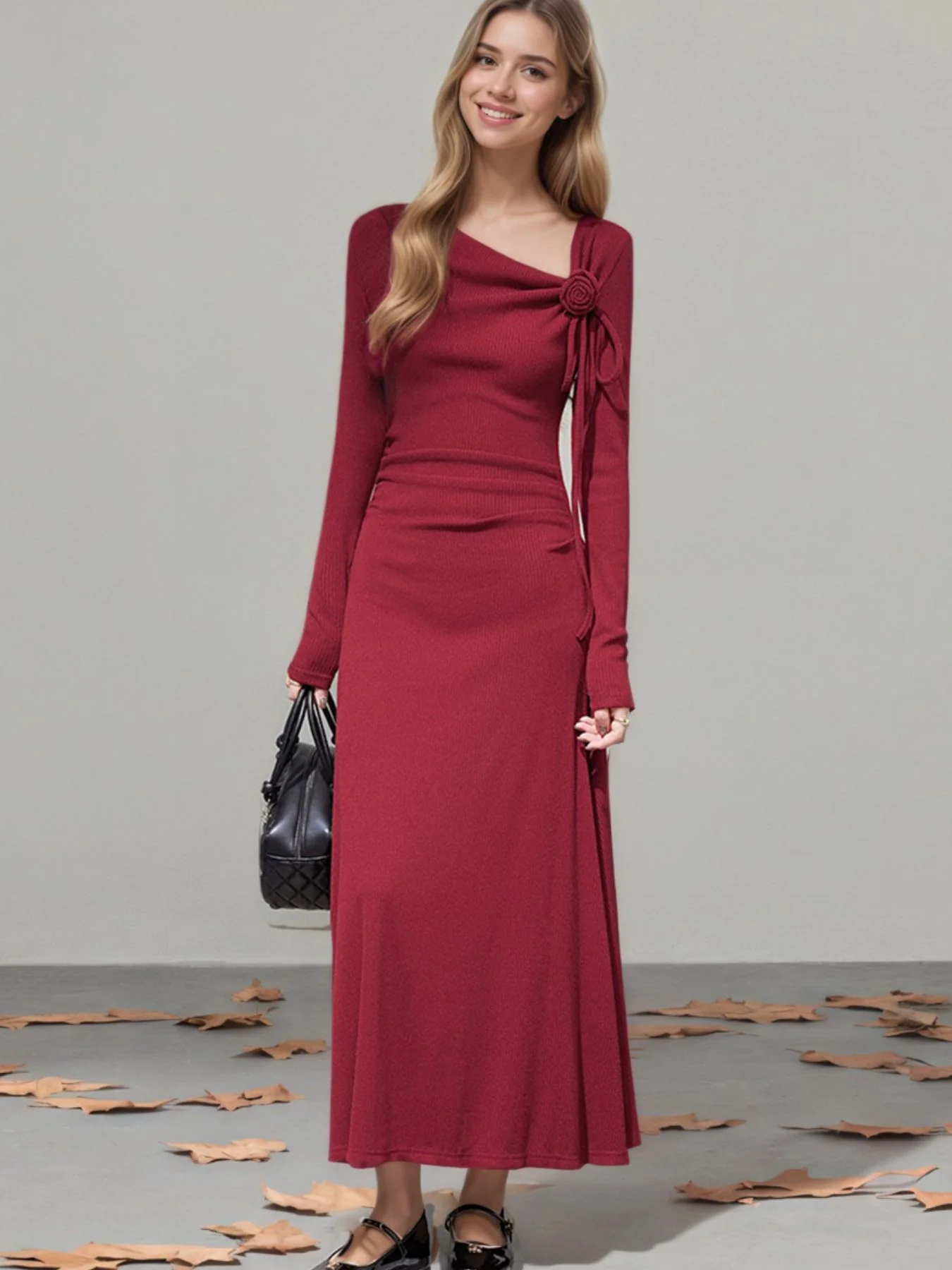 Flower Asymmetrical Neckline Long Sleeve Dress - Image 4