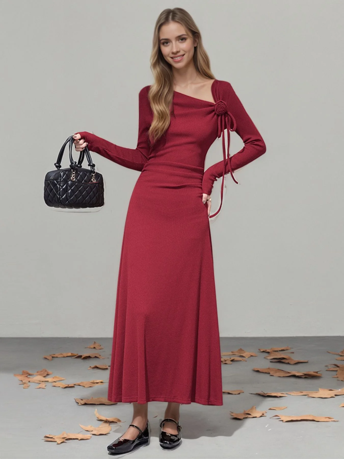 Flower Asymmetrical Neckline Long Sleeve Dress - Image 5