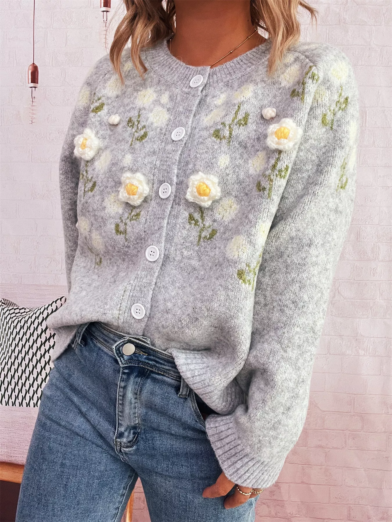 Flower Button Up Long Sleeve Cardigan - Image 4