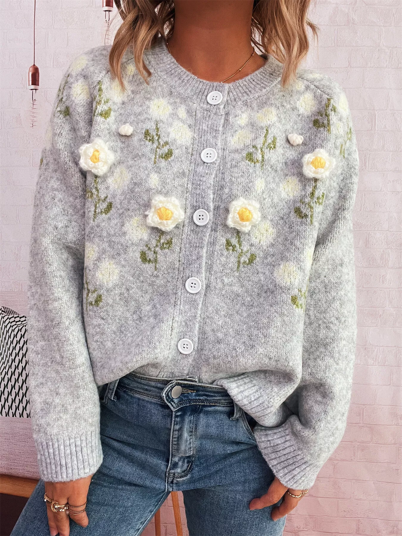 Flower Button Up Long Sleeve Cardigan - Image 5