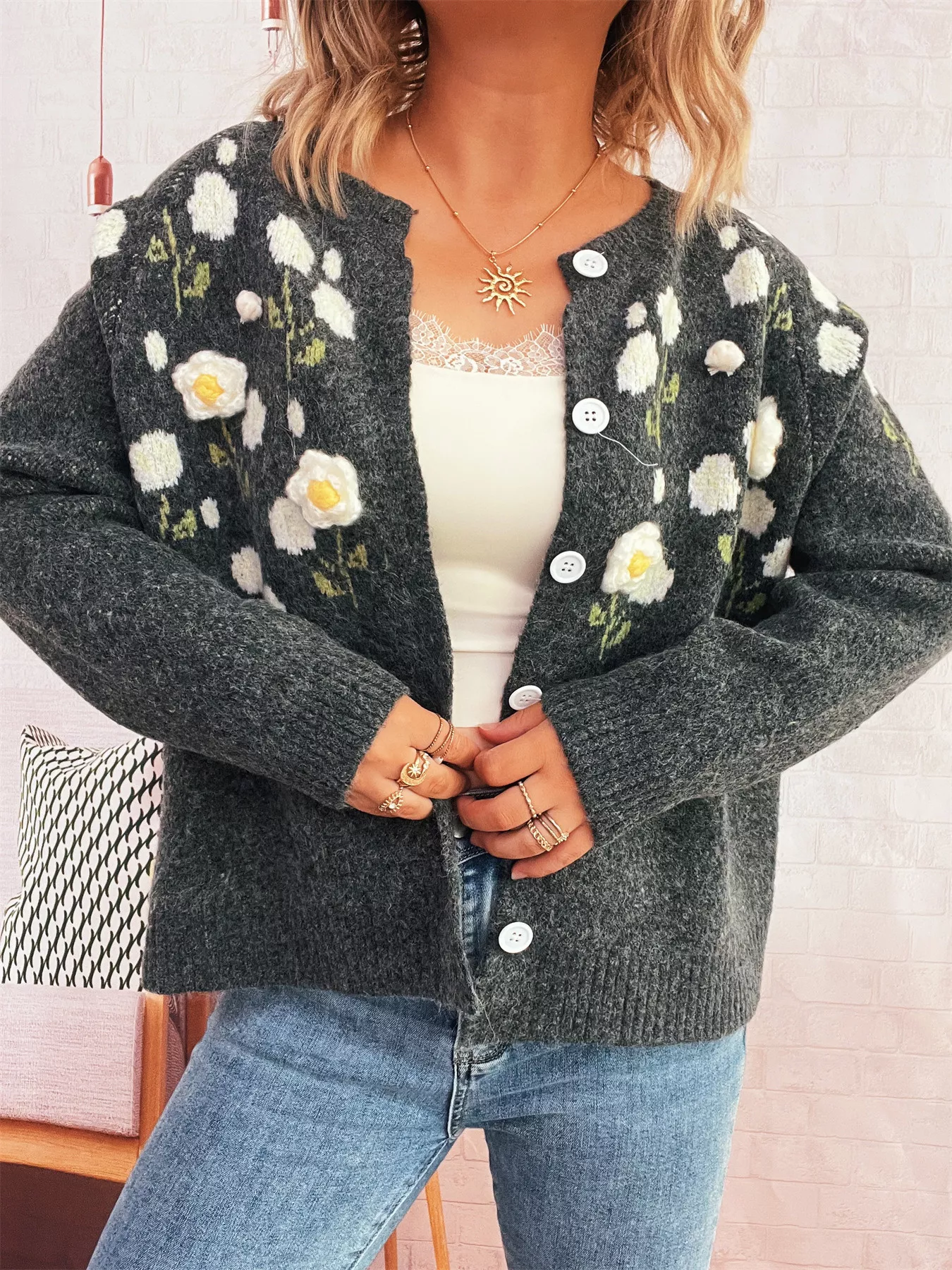 Flower Button Up Long Sleeve Cardigan - Image 7