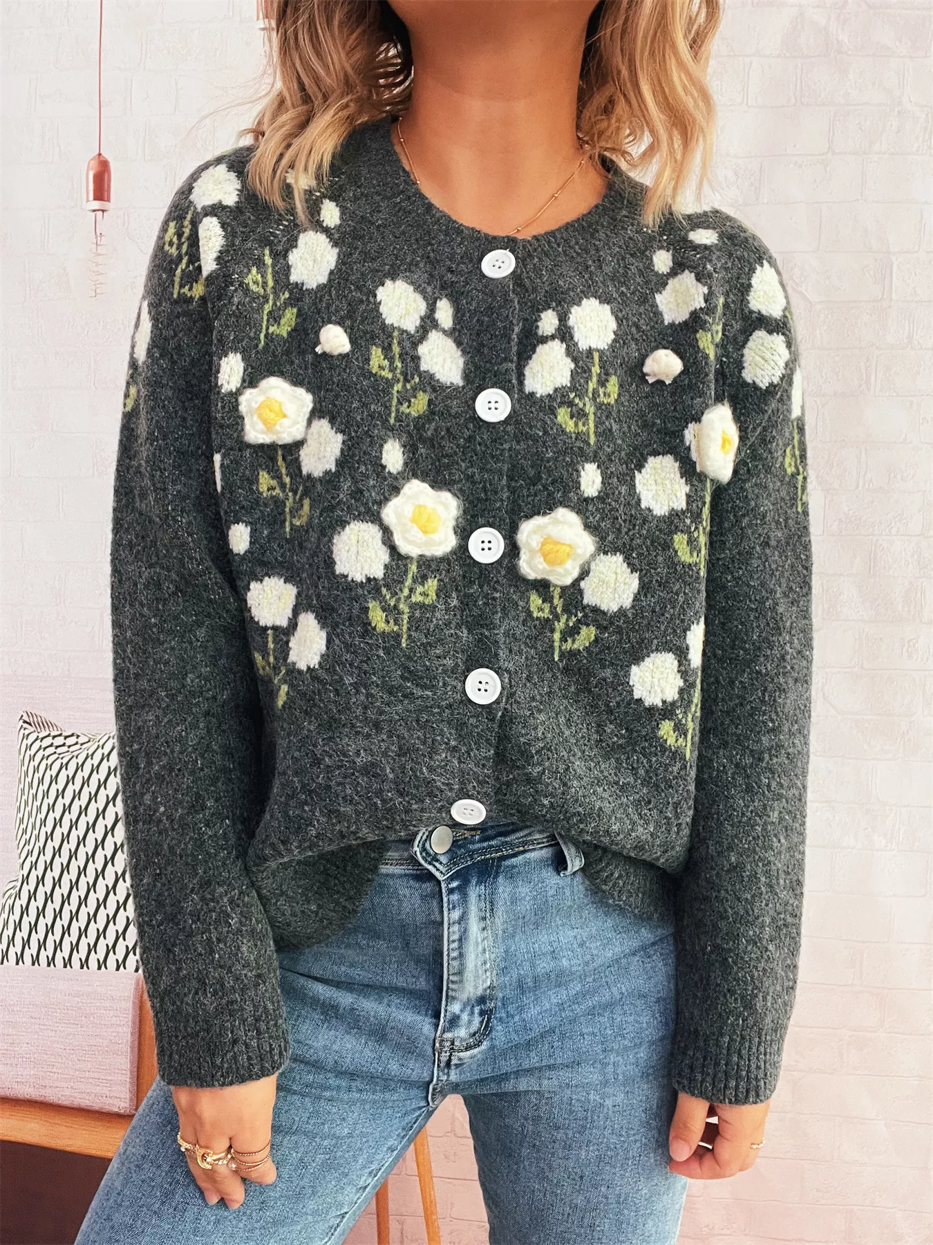 Flower Button Up Long Sleeve Cardigan - Image 9