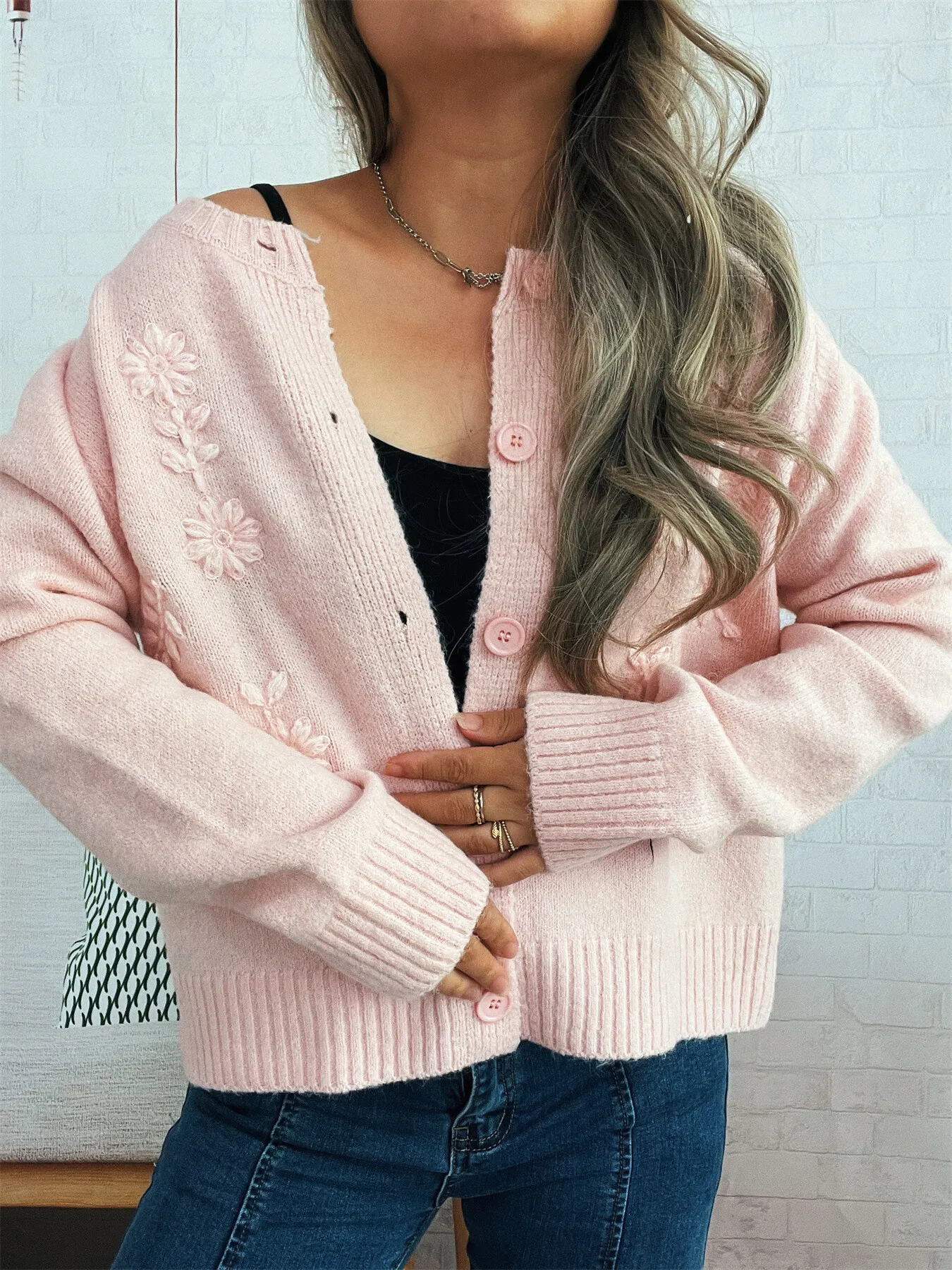 Flower Button Up Ribbed Hem Cardigan - Image 10