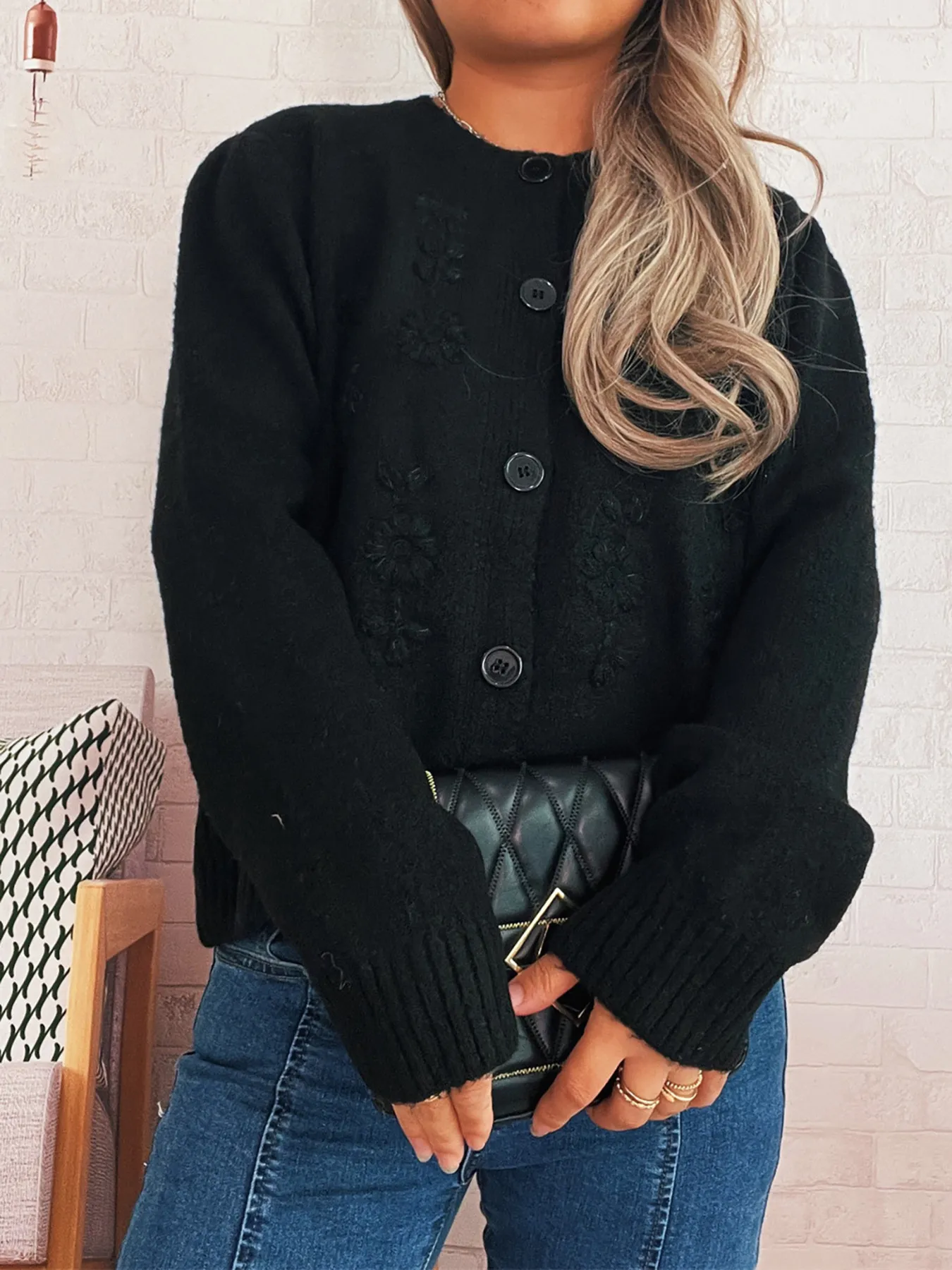Flower Button Up Ribbed Hem Cardigan - Image 14