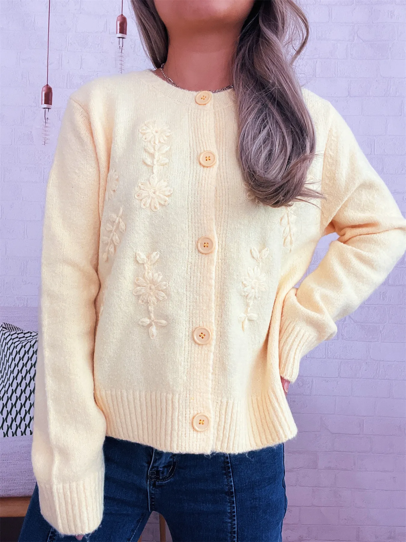 Flower Button Up Ribbed Hem Cardigan - Image 23