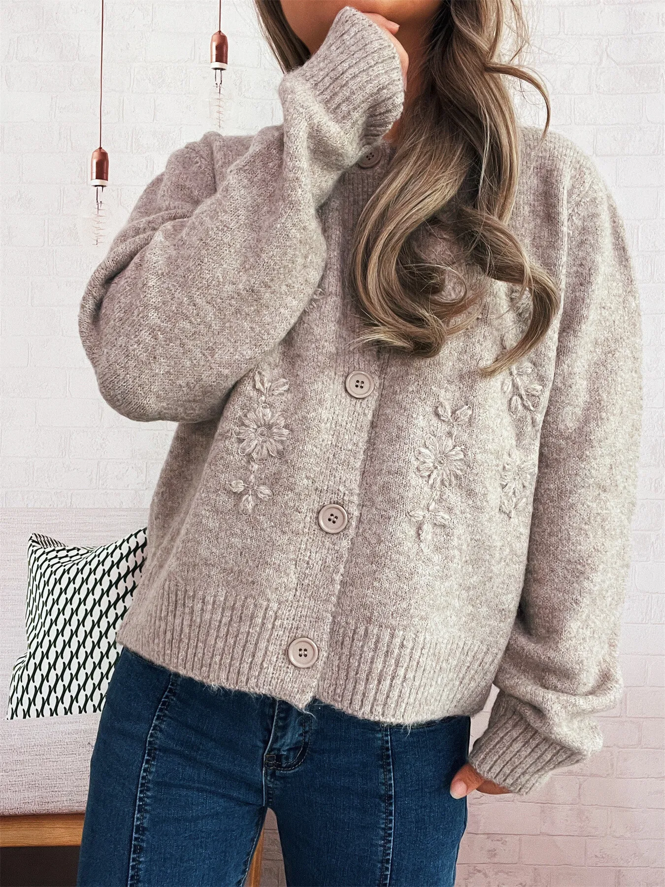 Flower Button Up Ribbed Hem Cardigan - Image 6