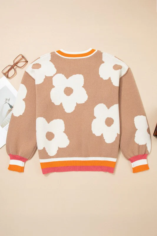 Flower Colorblock Contrast Stripe Baggy Sweater - Image 2