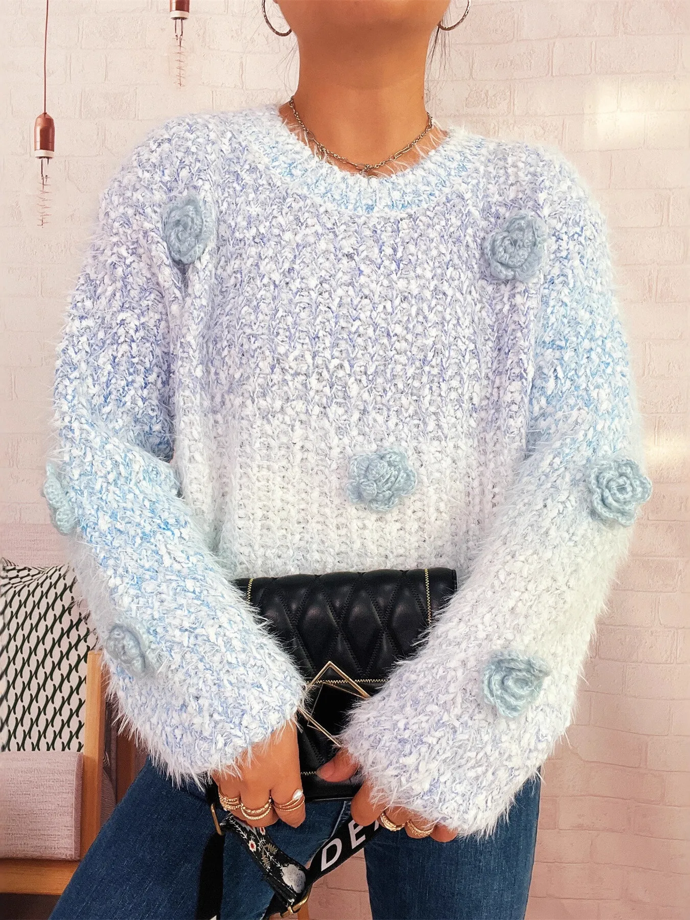 Flower Embellished Round Neck Sweater - Image 10