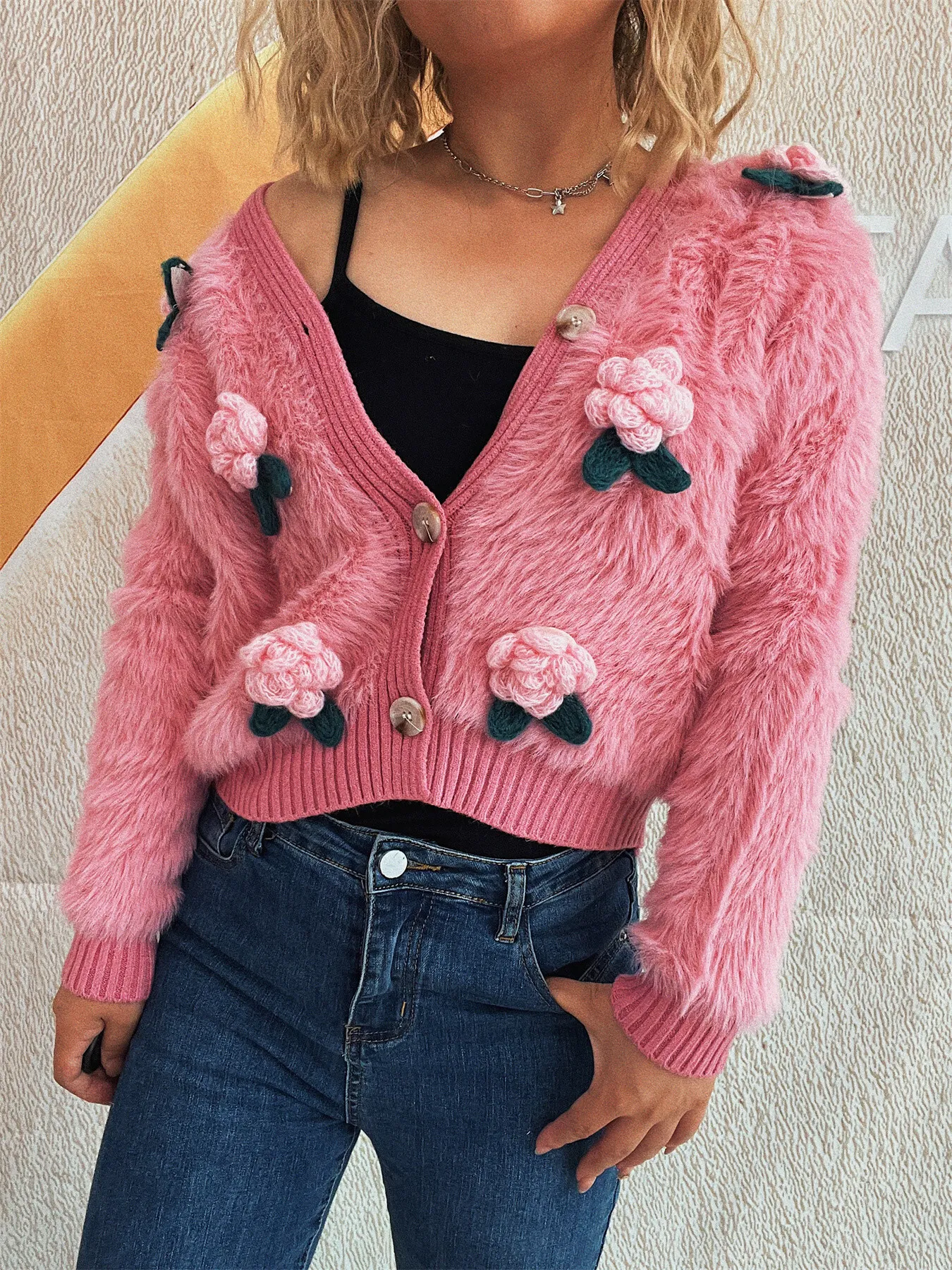 Flower Fuzzy Button-Up Cardigan - Image 2