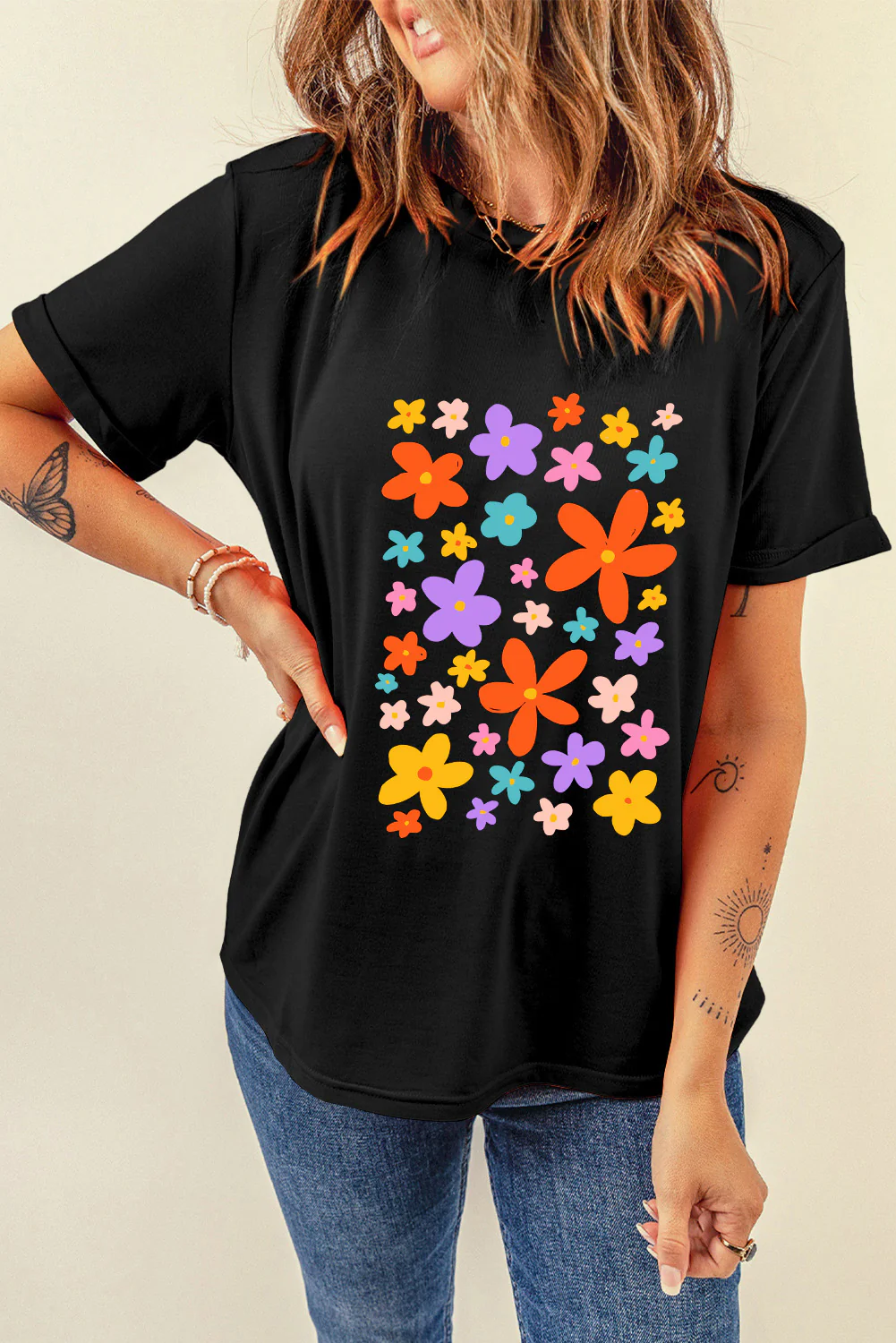 Flower Graphic Round Neck Short Sleeve T-Shirt - Image 3