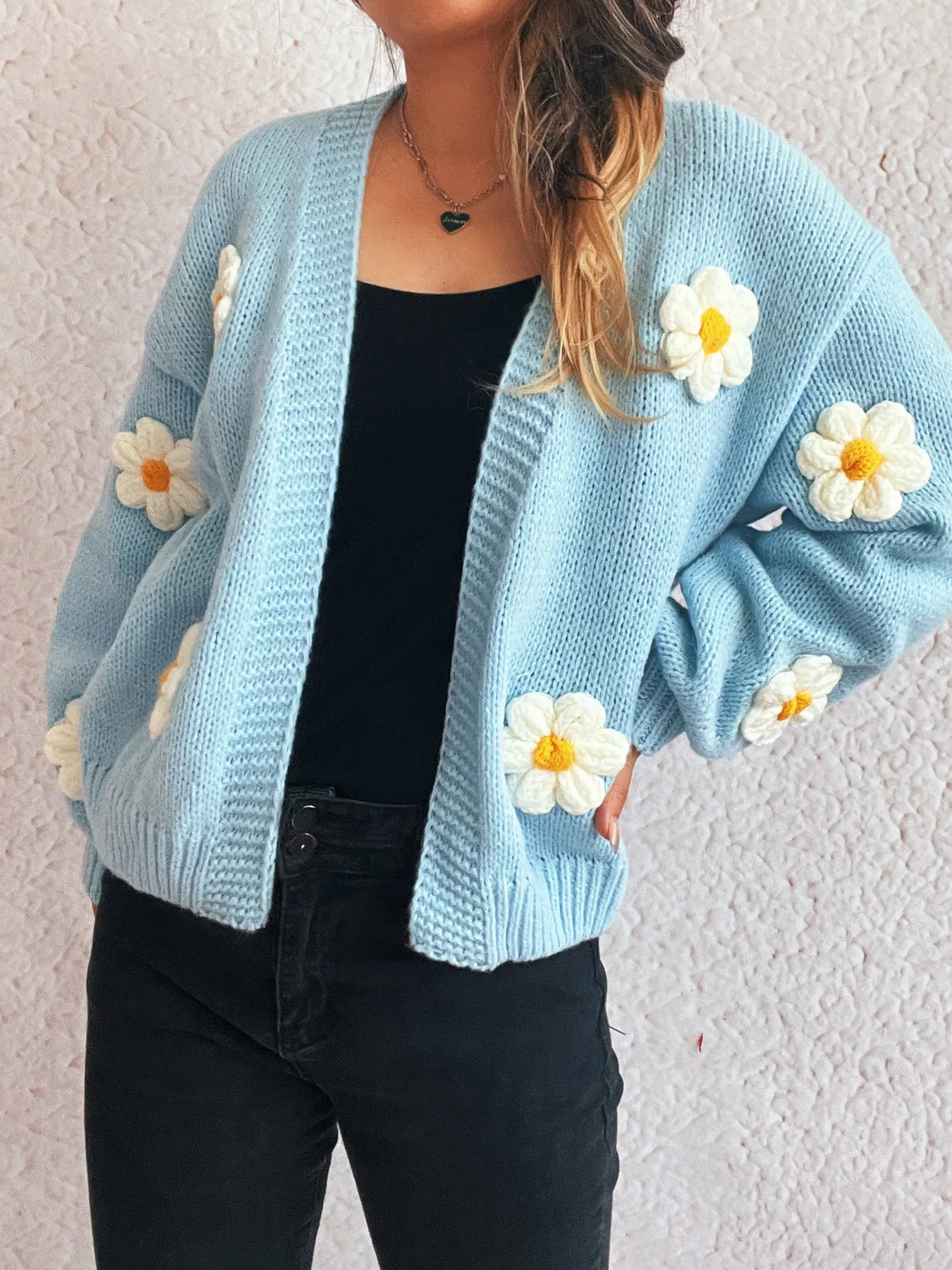 Flower Open Front Long Sleeve Cardigan - Image 4