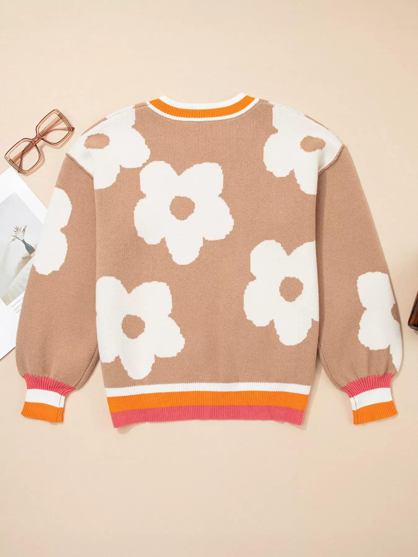 Flower Pattern Contrast Striped Baggy Sweater - Image 3