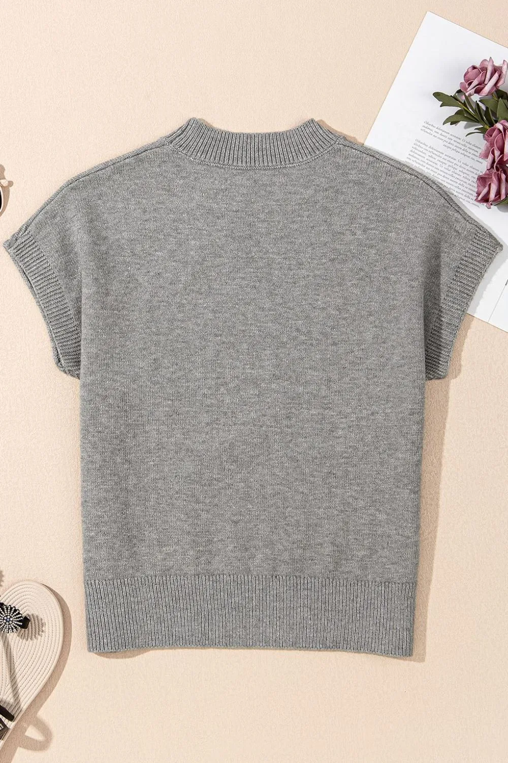 Flower Pattern Ribbed Trim Short Sleeve Boxy Sweater - Image 7