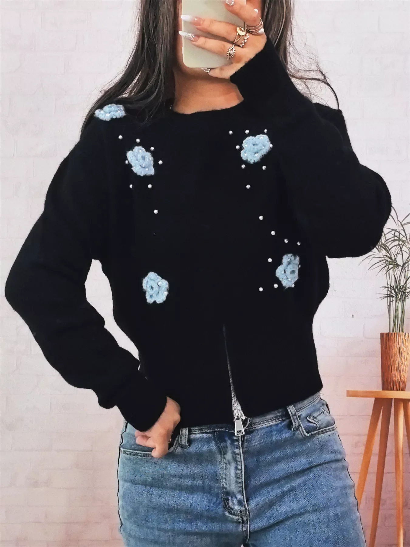 Flower Pearl Detail Ribbed Hem Sweater - Image 6