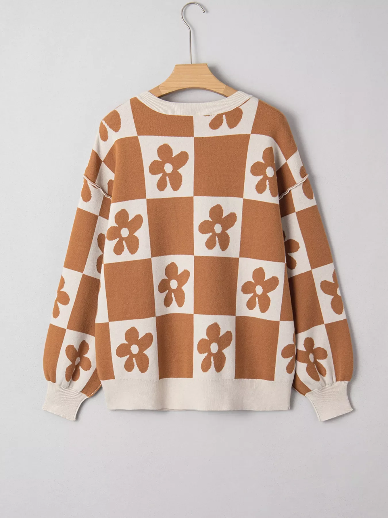 Flower Plaid Henley Baggy Sweater - Image 4